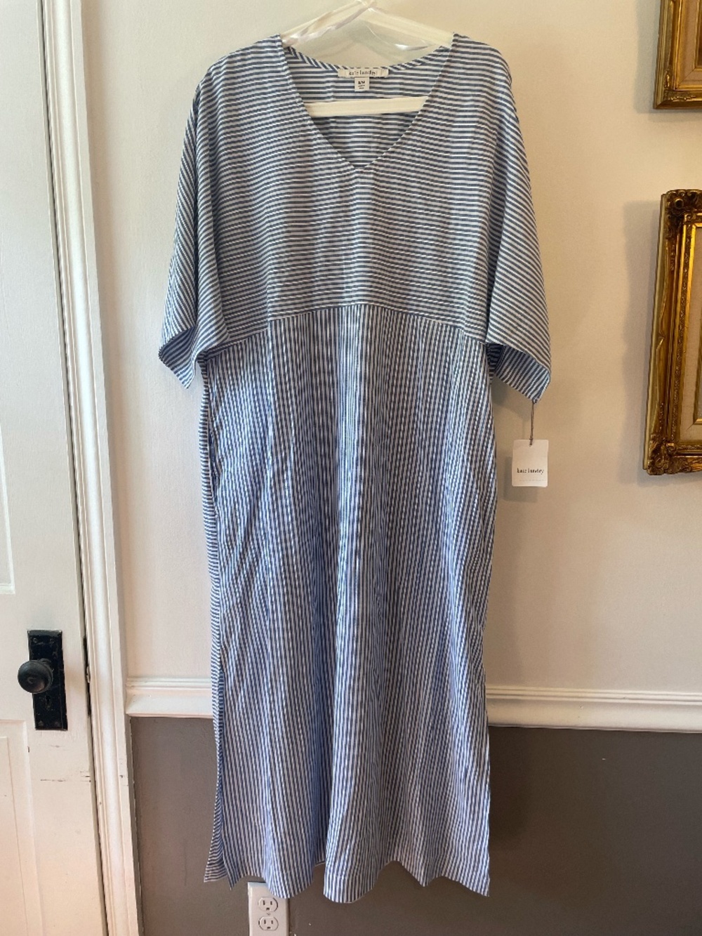NWT Kate Landry woven blue striped round neck caftan dress size S/M